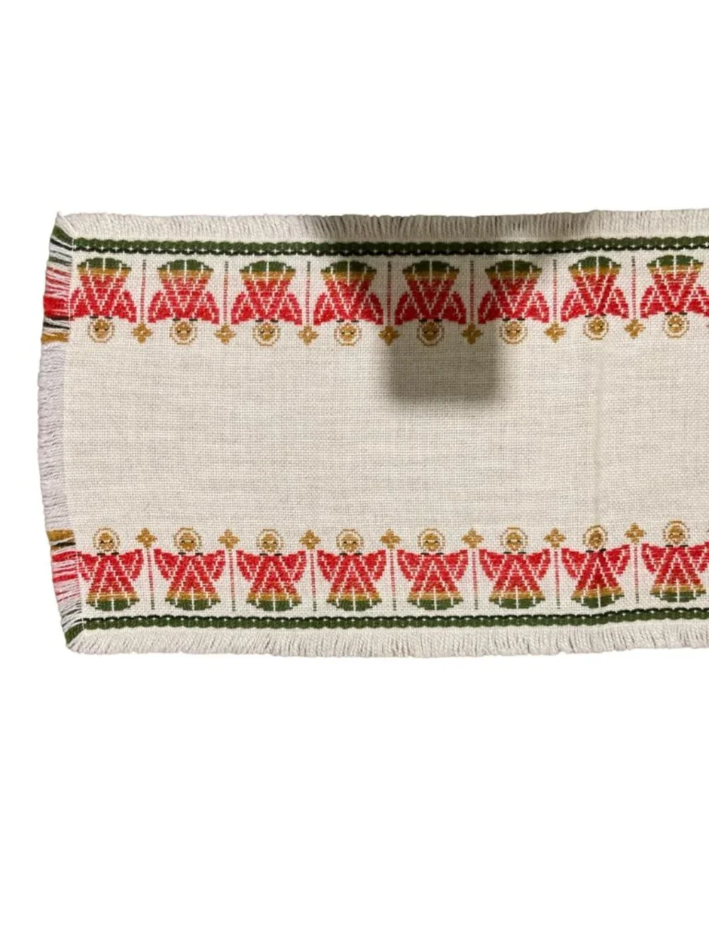 Vintage Handwoven Table Runner With Red & Green Angel Motif 40